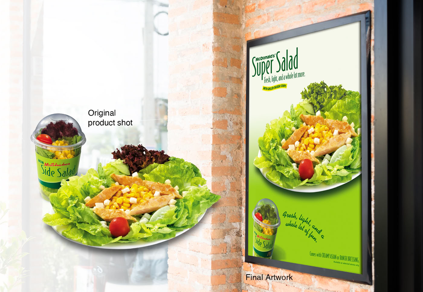 The original product shot for this poster has red lettuce in it. After giving the proof. The client decided to just change the color of the red lettuce to green to match the surrounding vegetables. After some image editing and color correction. The client approved the final artwork and given to printers for production.